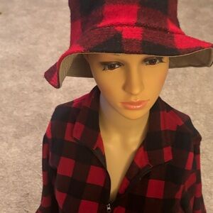 L.L. Bean Red & black Plaid Bucket Hat & Same Pattern SZ  Small zip front shirt